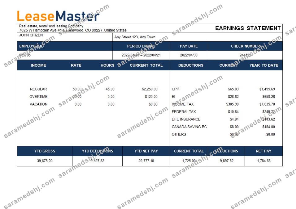 real estate, rental and leasing company payslip template in Word and PDF formats